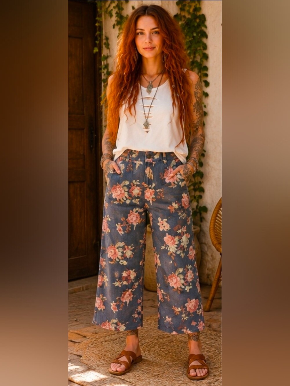 Floral Wide-Leg Crop Pants With Shirt Sz L